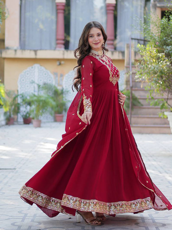 Maroon Georgette Sequins Embroidered Work Gown With Dupatta