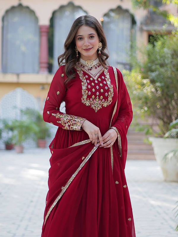 Maroon Georgette Sequins Embroidered Work Gown With Dupatta
