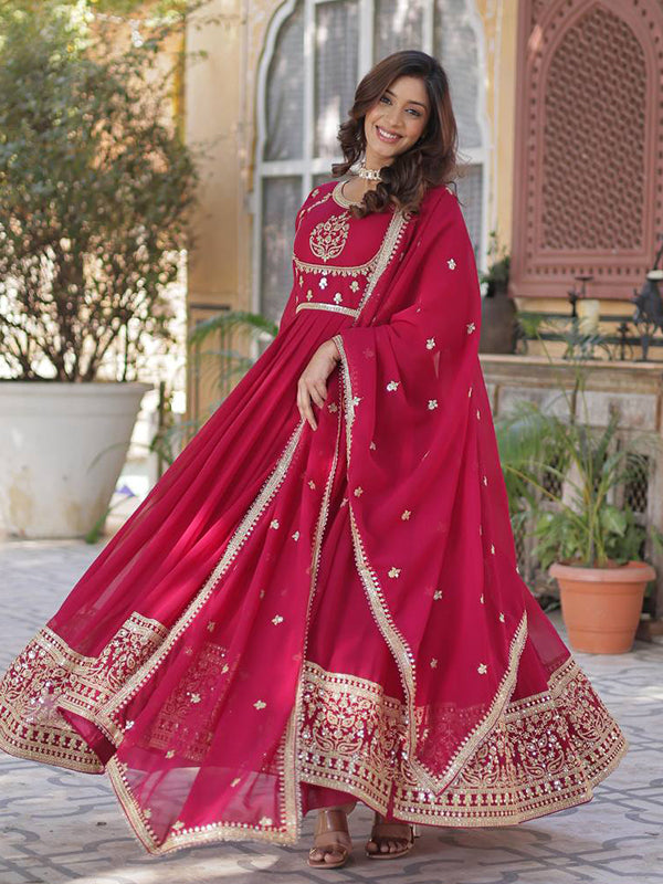 Pink Georgette Rich Sequins Embroidered Work Gown With Dupatta