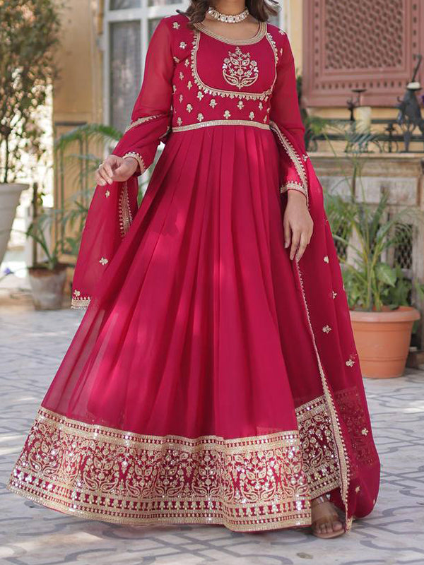 Pink Georgette Rich Sequins Embroidered Work Gown With Dupatta