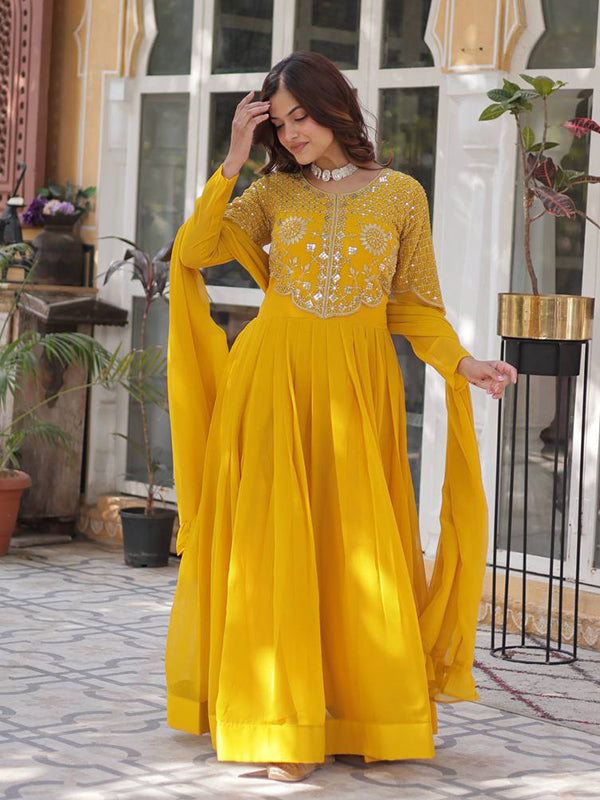 Yellow Georgette Embroidered Work Gown With Dupatta