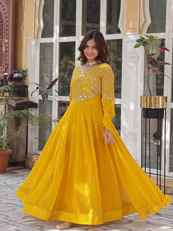 Yellow Georgette Embroidered Work Gown With Dupatta