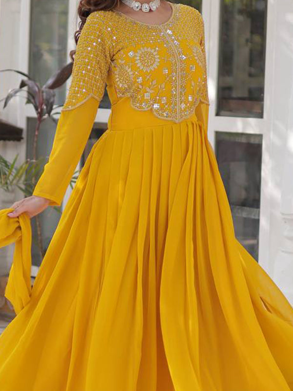 Yellow Georgette Embroidered Work Gown With Dupatta