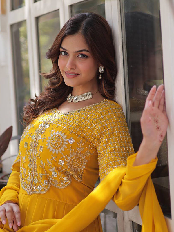 Yellow Georgette Embroidered Work Gown With Dupatta