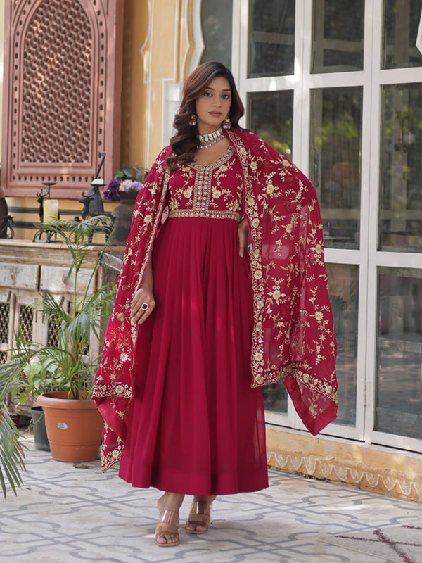 Pink Sequins Zari Embroidered Work Gown With Georgette Dupatta