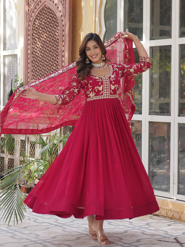 Pink Sequins Zari Embroidered Work Gown With Georgette Dupatta