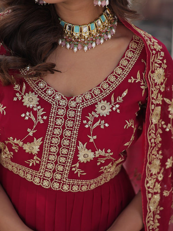 Pink Sequins Zari Embroidered Work Gown With Georgette Dupatta