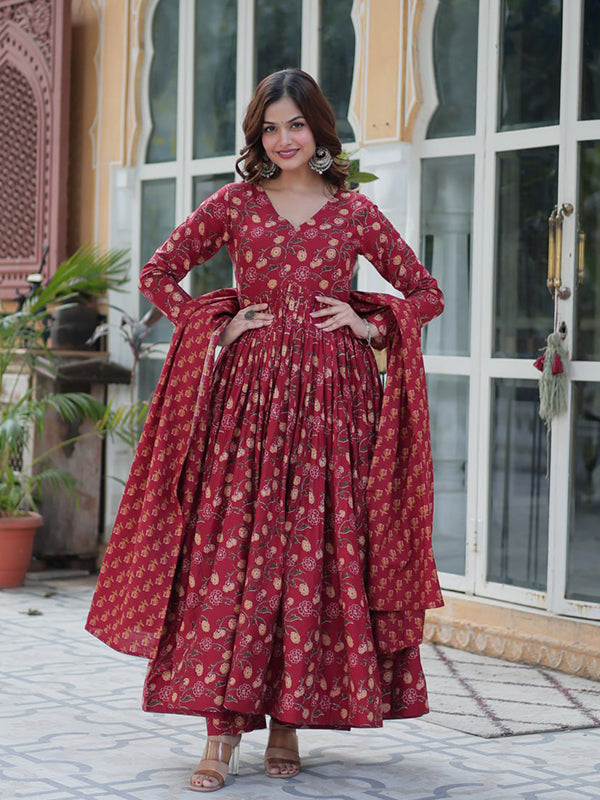 Maroon Pure Cotton Kurti Pant & Dupatta Set