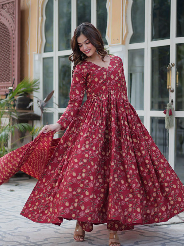 Maroon Pure Cotton Kurti Pant & Dupatta Set