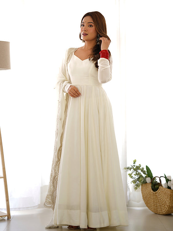 Chanderi Silk Off White Anarkali Gown With Pant & Dupatta Set