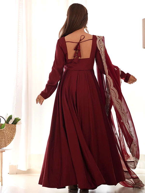 Chanderi Silk Maroon Anarkali Gown With Pant & Dupatta Set