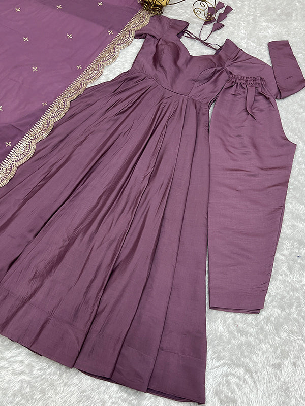 Mauve Chanderi Silk Anarkali Gown With Pant & Dupatta Set