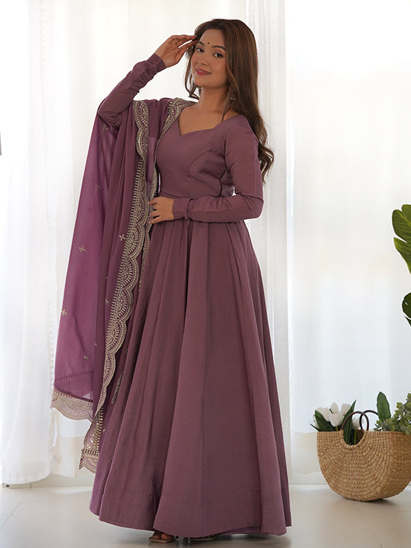 Mauve Chanderi Silk Anarkali Gown With Pant & Dupatta Set