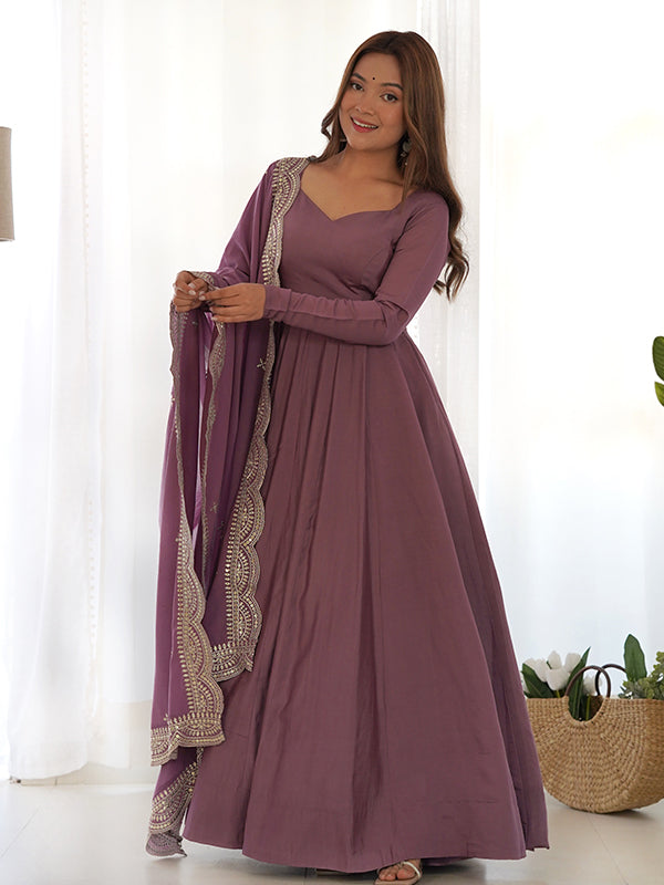 Mauve Chanderi Silk Anarkali Gown With Pant & Dupatta Set