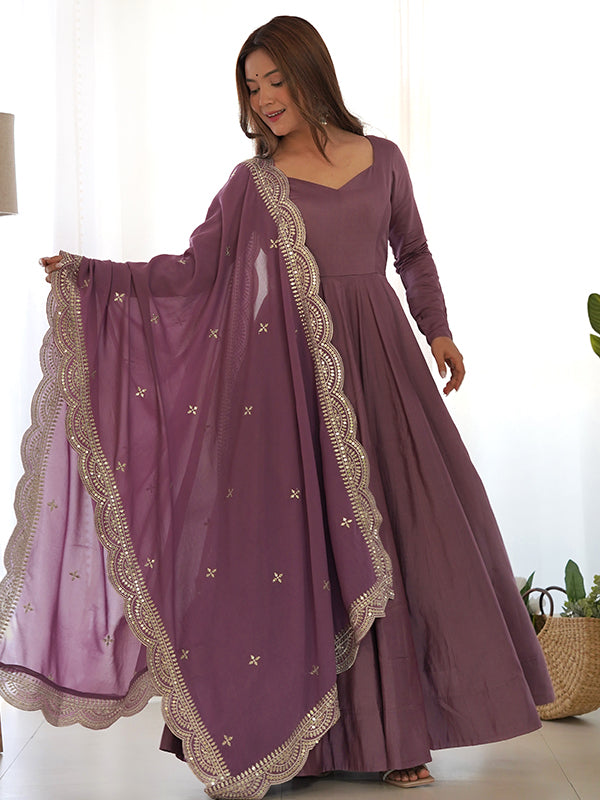 Mauve Chanderi Silk Anarkali Gown With Pant & Dupatta Set