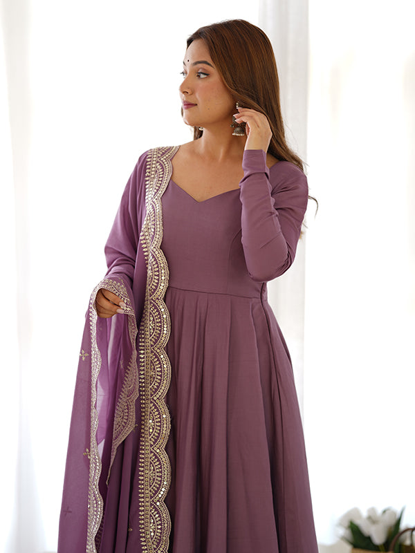 Mauve Chanderi Silk Anarkali Gown With Pant & Dupatta Set