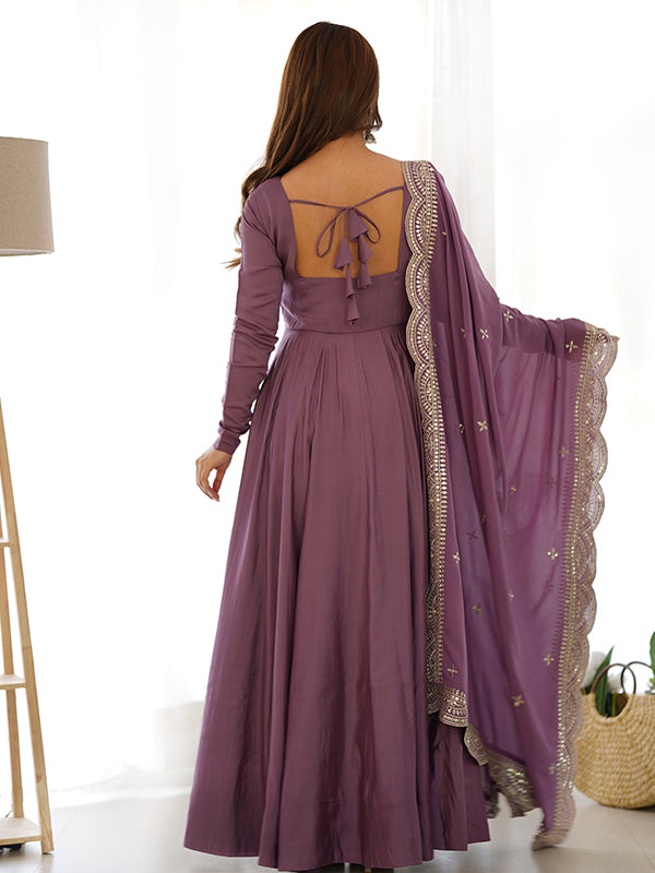 Mauve Chanderi Silk Anarkali Gown With Pant & Dupatta Set