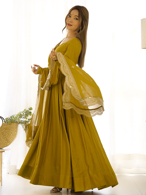 Mustard Chanderi Silk Anarkali Gown With Pant & Dupatta Set