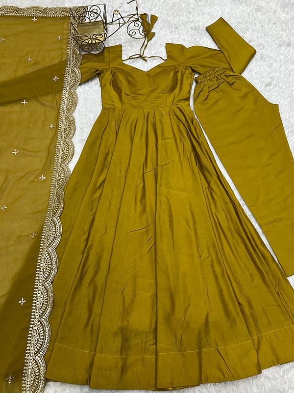 Mustard Chanderi Silk Anarkali Gown With Pant & Dupatta Set