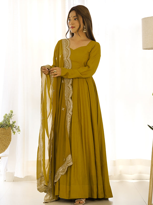 Mustard Chanderi Silk Anarkali Gown With Pant & Dupatta Set