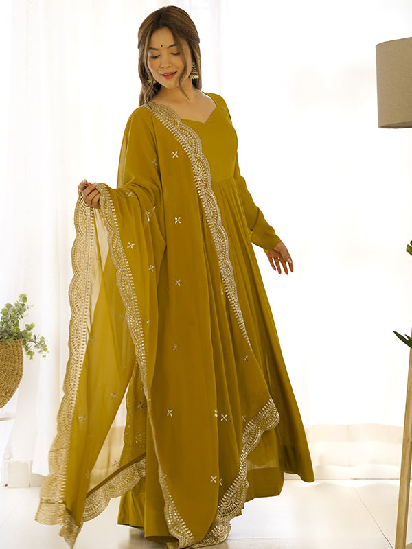 Mustard Chanderi Silk Anarkali Gown With Pant & Dupatta Set