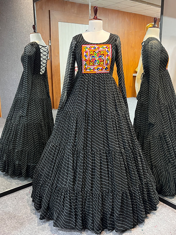 Black Layered Embroidered & Printed Anarkali Gown