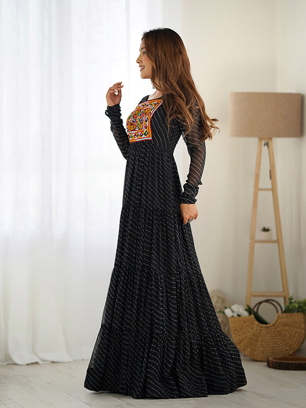 Black Layered Embroidered & Printed Anarkali Gown