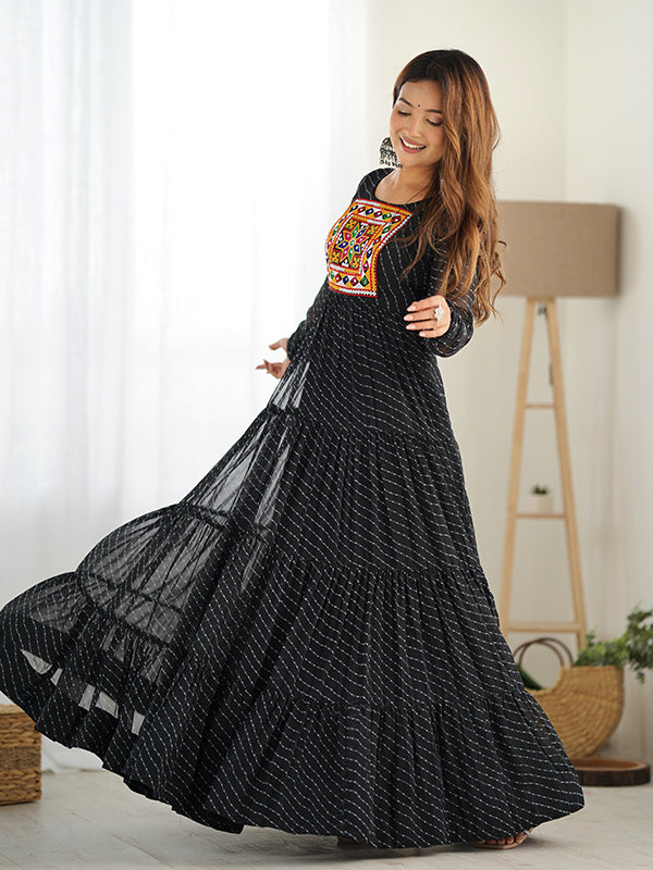 Black Layered Embroidered & Printed Anarkali Gown