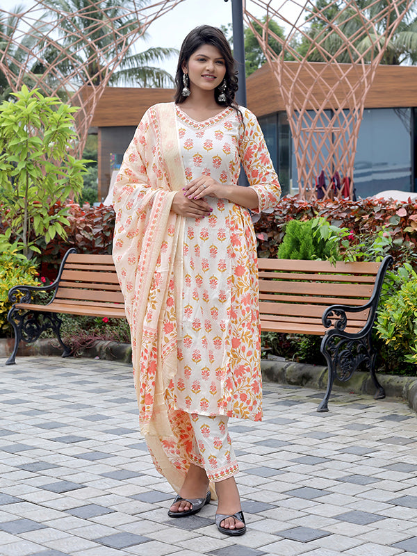 Orange Cotton Afghani Kurti With Pant & Dupatta Set