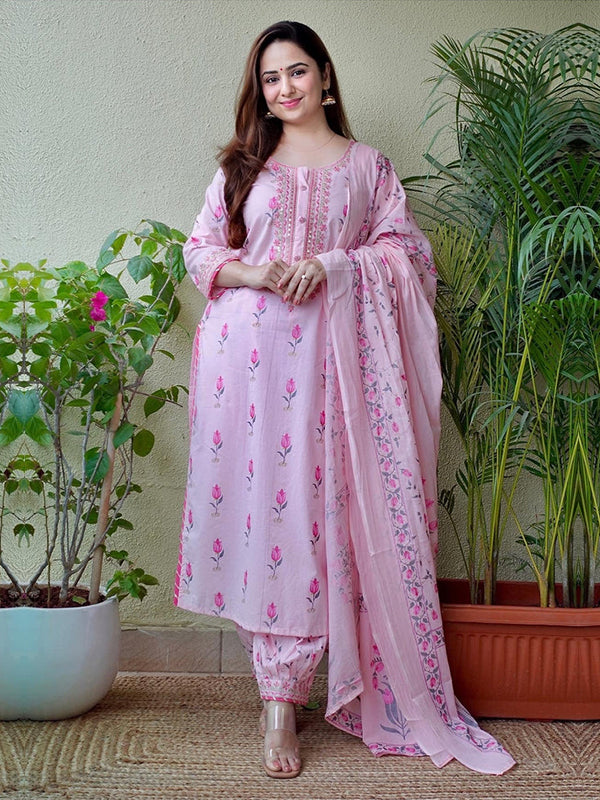 Baby Pink and Grey Cotton Kurti with Palazzo and Dupatta – Thogai