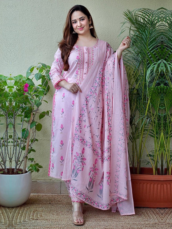 Baby Pink Cotton Afghani Kurti With Pant & Dupatta Set