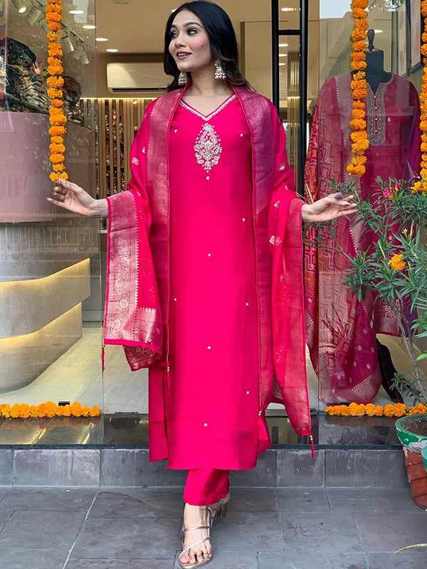 Cherry Red Fully Hand Work Tapeta Silk Kurti With Pant & Dupatta Set