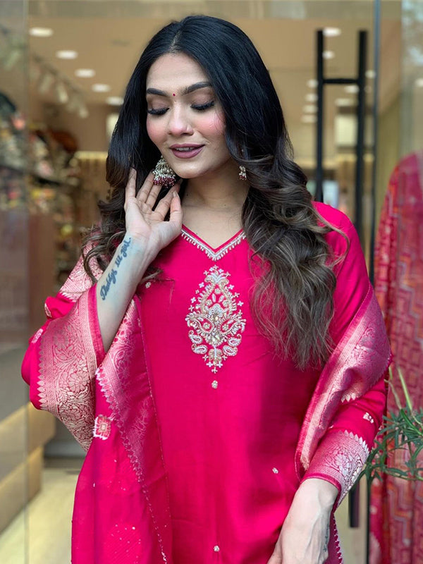 Cherry Red Fully Hand Work Tapeta Silk Kurti With Pant & Dupatta Set