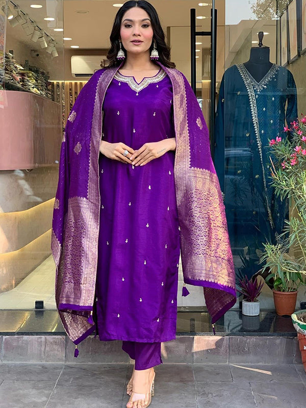 Purple Designer Nack Hand Work Tapeta Silk Kurti With Pant & Dupatta Set