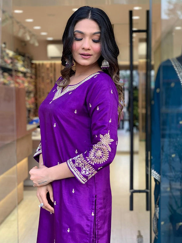 Purple Designer Nack Hand Work Tapeta Silk Kurti With Pant & Dupatta Set