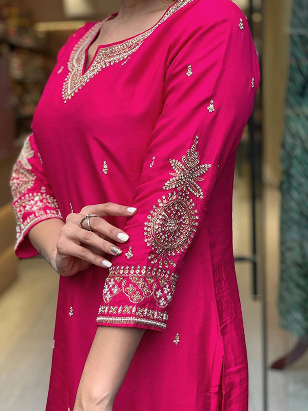 Bright Pink Designer Nack Hand Work Tapeta Silk Kurti With Pant & Dupatta Set