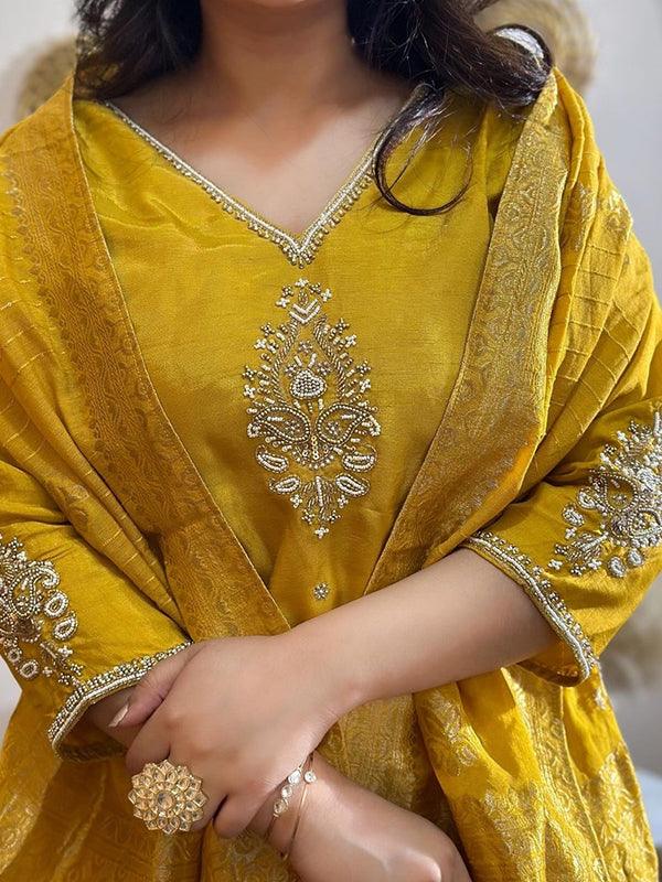 Mustard Yellow Fully Hand Work Tapeta Kurti With Pant & Dupatta Set