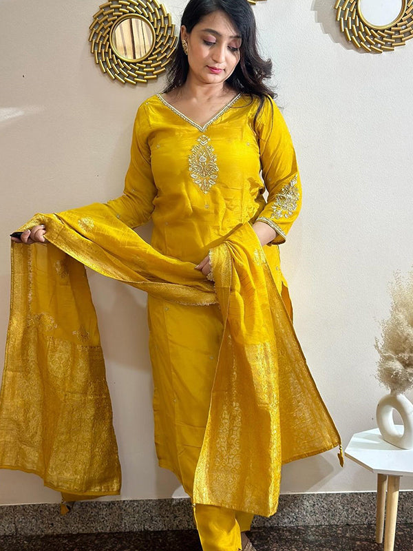 Mustard Yellow Fully Hand Work Tapeta Kurti With Pant & Dupatta Set