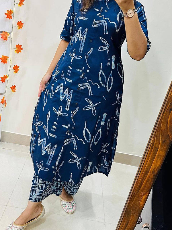 Blue Printed Cotton Kurti With Pant