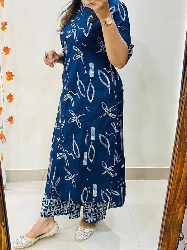 Blue Printed Cotton Kurti With Pant