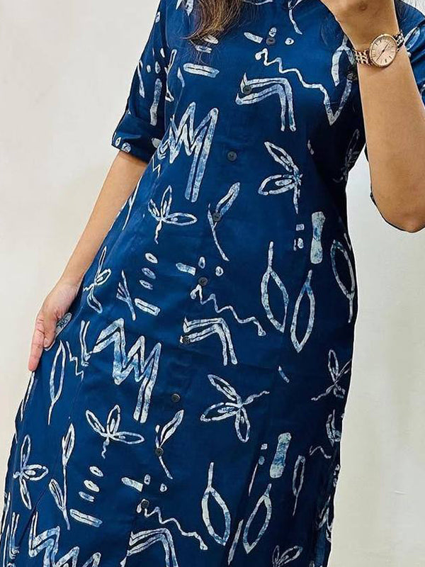 Blue Printed Cotton Kurti With Pant