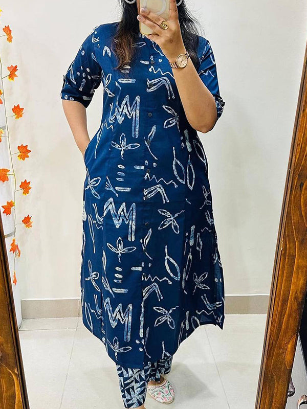 Blue Printed Cotton Kurti With Pant
