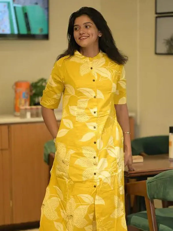 Yellow Printed Cotton Kurti With Pant