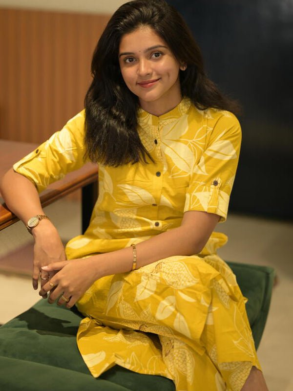 Yellow Printed Cotton Kurti With Pant