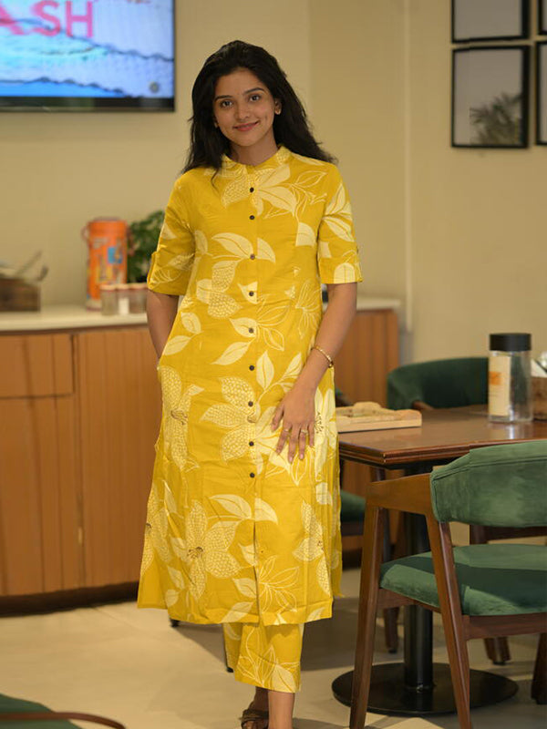 Yellow Printed Cotton Kurti With Pant