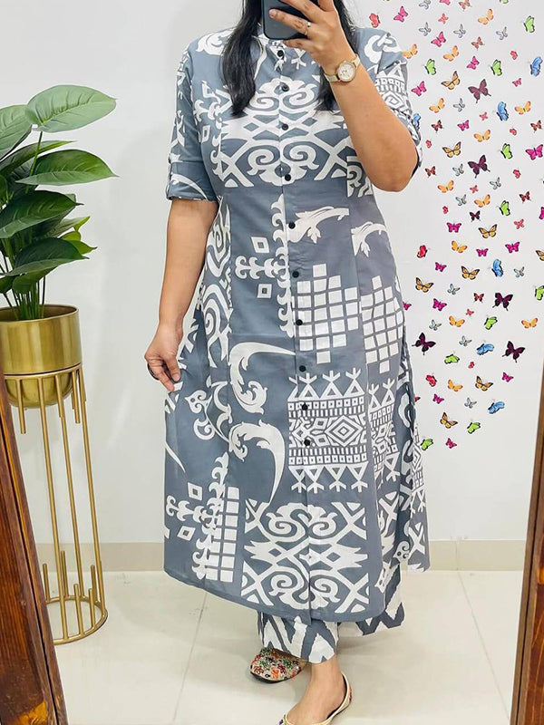 Grey Pure cotton Printed A-Line Kurti With Pant