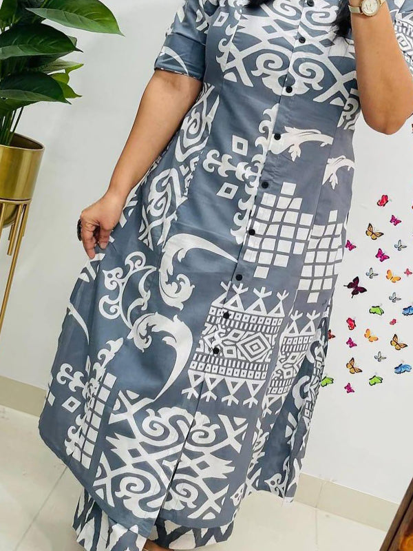 Grey Pure cotton Printed A-Line Kurti With Pant