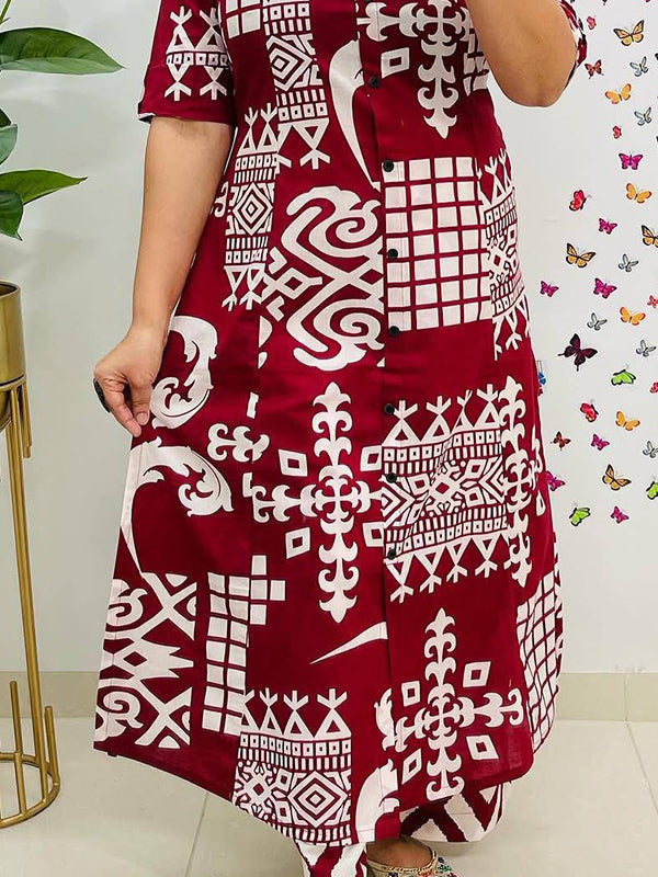 Maroon Pure cotton Printed A-Line Kurti With Pant