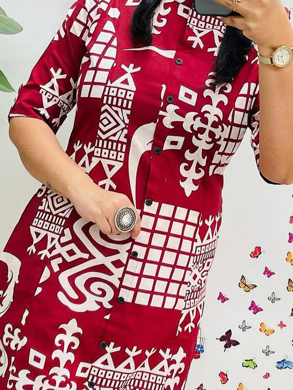 Maroon Pure cotton Printed A-Line Kurti With Pant