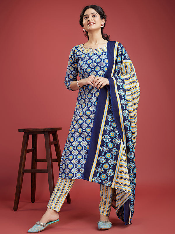 Dark Blue Cotton Printed Kurti With Pant & Dupatta Set